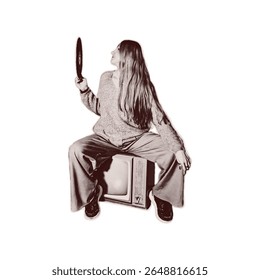 Trendy halftone collage of woman with long hair holding a vinyl record while sitting on retro TV cut from old newspaper. Isolated vector illustration grayscale sticker with Dot texture
