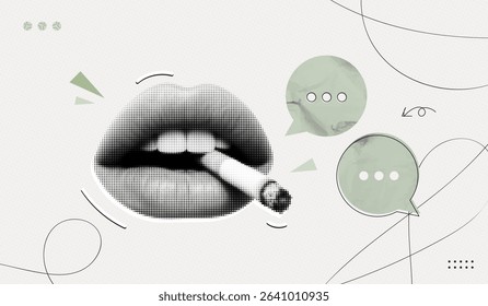 Trendy Halftone Collage Woman Mouth with cigarette and speech bubble messages. Online talk and discussion. Communication concept. Debate on social media. Contemporary vector illustration art