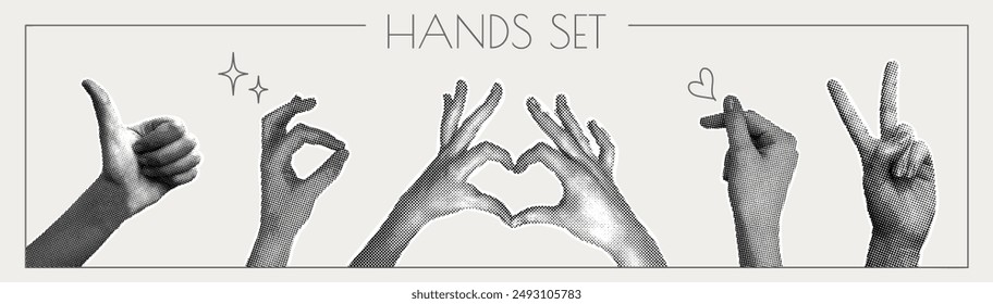 Trendy halftone collage. Trendy y2k elements for design. Image of hands with different gestures. Trendy modern retro illustration. Vector texture of dots. Vector illustration