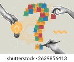Trendy halftone collage.Brainstorming.Ideas and solutions for innovation.Concept of problem enumeration to find idea for solution,uncertainty,doubt,clarification,problem solving concept.