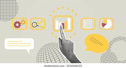 Trendy halftone collage.Concept of analytics,global strategy,teamwork,sales growth,business growth,production growth. Illustration for web banner, social media banner, business presentation