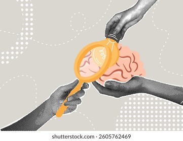 Trendy halftone collage.Concept of finding new ideas in the brain, new opportunities , problem solving, peer help, hints and direction of the path of finding ideas. Searching for idea-light bulb in