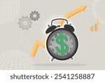 Trendy halftone collage.Concept of making profit, time for money, reminder to pay debt, bills, ringing alarm clock with dollar sign on dial.Illustration for web banner, social media banner.Vector