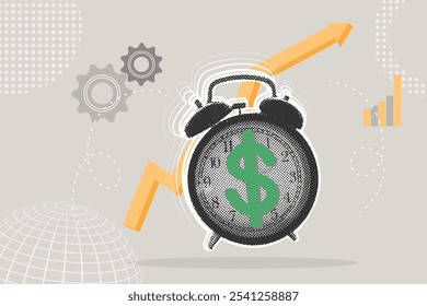 Trendy halftone collage.Concept of making profit, time for money, reminder to pay debt, bills, ringing alarm clock with dollar sign on dial.Illustration for web banner, social media banner.Vector