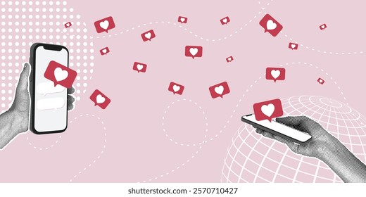 A trendy halftone collage.Concept of online communication,congratulating each other,mutual sympathy.Hands holding a modern phone,social media icon in the form of a heart.Trendy retro collage