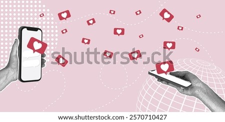 A trendy halftone collage.Concept of online communication,congratulating each other,mutual sympathy.Hands holding a modern phone,social media icon in the form of a heart.Trendy retro collage