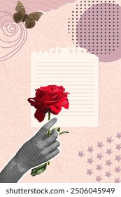 Trendy halftone collage.Hand holding a rose. Trendy retro style. Torn paper,frame,retro flower,old grunge style paper. Vector illustration