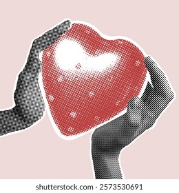 Trendy halftone collage.Heart in the hands of a loved one. Hands gently holding a red halftone heart of a loved one, protecting it. Concept of communication, cherishing each other. Fashionable retro