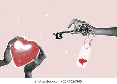 Trendy halftone collage.Heart key. Hands gently holding red halftone heart and key. Concept of communication, careful attitude to each other. Fashionable retro collage from the 90s. Vector