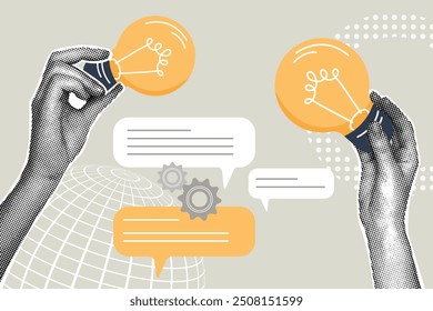 Trendy halftone collage.Idea concept, brainstorming, creativity, experience sharing. Illustration for web banner,social media banner,business presentation. 