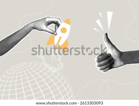 Trendy halftone collage.Launching a startup and endorsement of a successful project. Concept of idea, launching a new business project, increasing profits, capital growth.
