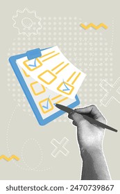 Trendy halftone collage.Planning concept. To-do list and business planning project, pen. accomplishment of tasks, check marks. Achievements and goals. Questionnaire.Vector illustration