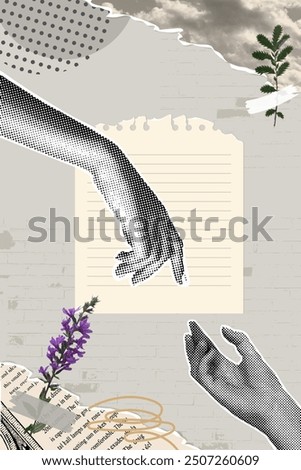 Trendy halftone collage.Vector banner collage of torn paper,flowers and hands. Trendy retro style. Torn paper,hands reaching for each other,retro flower,old paper in grunge style. Vector illustration