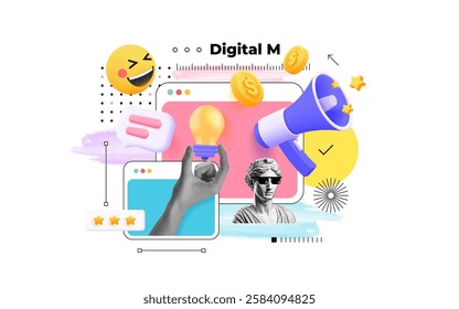 Trendy halftone Digital Marketing concept collage. Idea concept, web promotion. Trendy modern retro illustration. Business concept, advertising, online promotion. Vector illustration