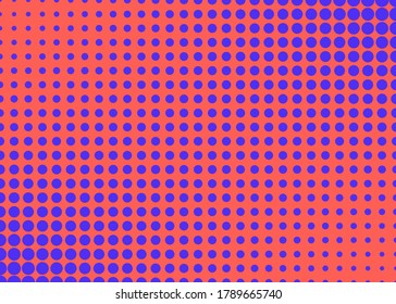 Afiche moderno de tono medio salpicado con colores vivos naranja y violeta. Moderno fondo abstracto con círculos en los modernos colores de neón de 2020. Afiche de arte pop. Ilustración vectorial.
