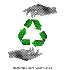 Trendy Halftone effect hands and Recycling symbol isolated transparent background. Template design Sustainable lifestyle concept. Vector illustration can used eco friendly design. Halftone Collage. 