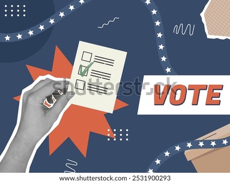 Trendy halftone election voting collage in magazine style. Election campaign vector illustration