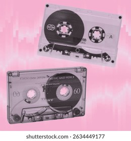 Trendy halftone element with photocopy effect. Vintage transparent magnetic tape of cassette recorder. Grunge punk collage sticker, modern retro vector illustration for poster, print, banner
