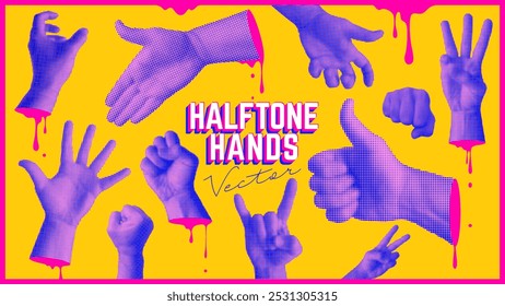 Trendy Halftone Elemente gesetzt. 80er. Schneiden Sie Hand Emoji Gesten Sammlung. Verschiedene Handzeichen grunge Punk gepunktete Aufkleber. Moderne Retro-Vektorgrafik mit Doodles und blutendem Blut nicht echt.