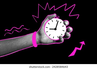 Trendy halftone hand collage. Doodle. Stopwatch in hand. Business, time. Retro halftones in fashionable style. Modern vector illustration. Vector illustration