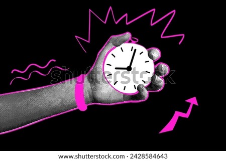Trendy halftone hand collage. Doodle. Stopwatch in hand. Business, time. Retro halftones in fashionable style. Modern vector illustration. Vector illustration