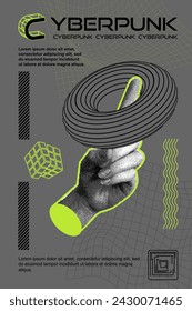 Trendy halftone hand drawn collage. Doodle. Index finger of the hand. Business, time. Retro halftones in fashionable style. Modern vector illustration. Vector illustration