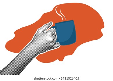 Trendy halftone hand drawn collage. Hand holding a mug. Business, time. Retro halftones in fashionable style. Announcement and marketing. Modern vector art. Vector illustration