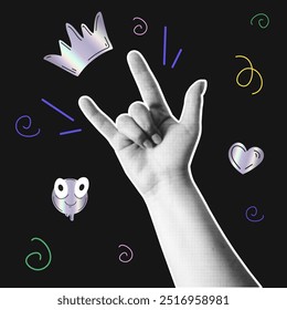 Trendy halftone hand element for collages. Goat, horns gesture Hand. Square poster for birthday party. Cool party background. Square template for Social media congratulation. Vector illustration.