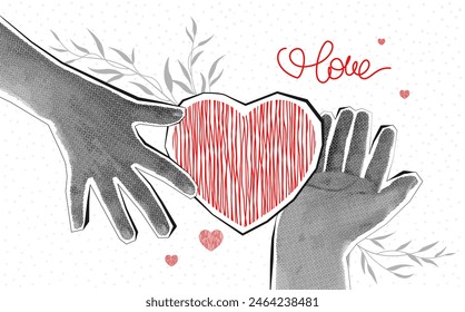 Trendy halftone hands holding and giving heart. Valentines day banner template. 
Day of kindness, volunteering. Retro vector illustration