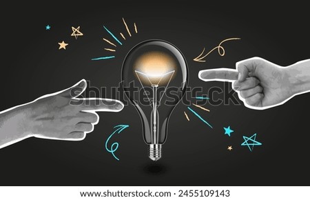 Trendy halftone hands showing lightbulb. Bright business idea and solutions retro collage 90s style. Brainstorm. Contemporary vector illustration