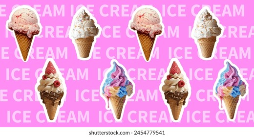 Trendy halftone ice cream collage. A variety of ice cream with photo texture. Retro halftone ice cream poster. Vector illustration.