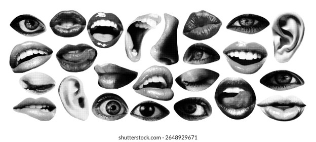 Trendy halftone lips, eyes, nose and mouth art collage cut outs set. Torn grunge paper sticker. Modern retro mixed media vector illustration.