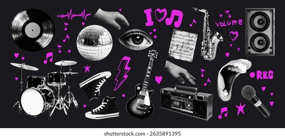 Trendy halftone music retro elements set. Vinyl record, mouth with microphone, eyes, chain, drums, sneakers, chain. Grunge punk dotted texture. Vector illustration.