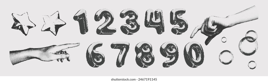 Trendy Halftone numbers from 0 to 9. Stipple photocopy effect. Hand pointing gesture. Grainy y2k elements for design. Pixel pop art. Vector dots texture