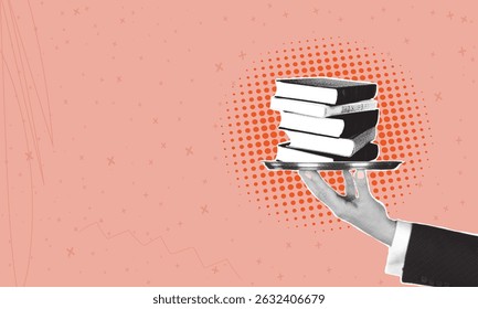 Colagem de fotos de meio-tom na moda. Mão conceitual segurando a pilha de livros do repositório de biblioteca. Obtenha informações interessantes da literatura.