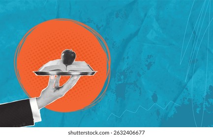 Trendy halftone photo collage. Cut out a hand holding a tray with an open book with an apple. Gain knowledge from literature, interesting information.