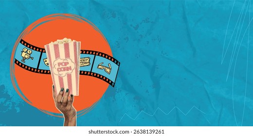 Trendy halftone photo collage pop art. Popcorn, eating popcorn, cinema with popcorn, hand with popcorn, tastes, cinema bag, cinema ticket, going to the cinema.
