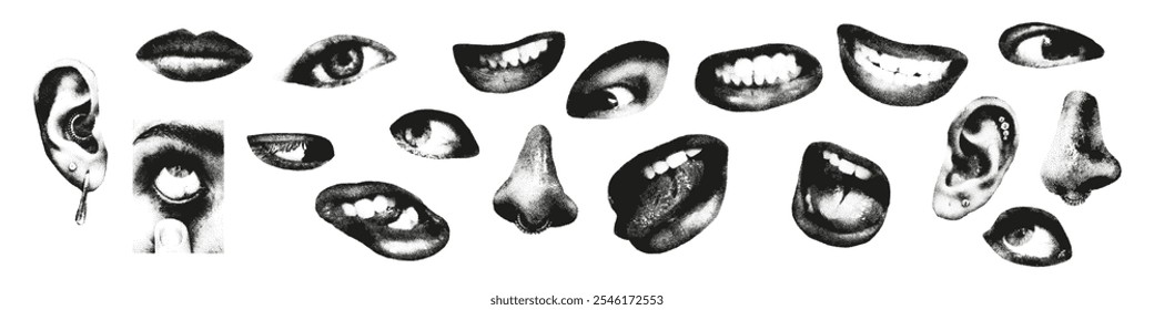 Trendy halftone photocopy stipple effect elements set. Grunge punk collage art of crazy mouths, eyes, pierced ears and noses with grainy dotted texture. Modern retro vector illustration