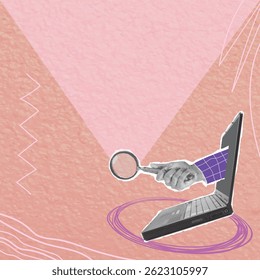 Trendy halftone pop art collage. Magnifying glass with viewing sector and laptop. Concept of fraud and espionage. Vector textured retro illustration on pastel background