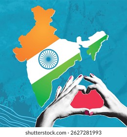 Trendy halftone pop art collage depicting hands forming a heart shape against a flag in the shape of the country of India. The concept conveys the idea of ​​travel and relaxation.