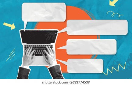 Trendy halftone pop art collage featuring laptop with message bubbles. Freelance work concept on computer.