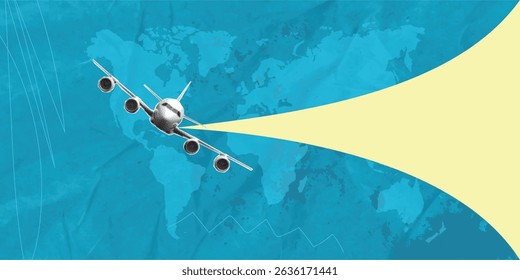 Trendy halftone pop art collage with airplane and world map, copy space. Travel and tourism concept.