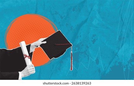 Trendy halftone pop art collage. Hand with student hat and diploma on blue background. Concept of good study.