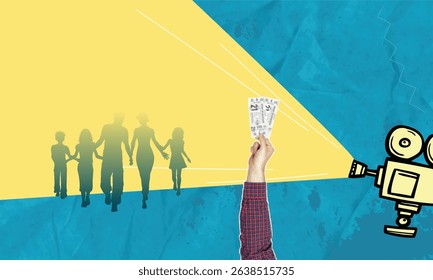 Trendy halftone pop art collage. Hand with cinema tickets. Silhouettes of people, parents and children against the background of a movie projector beam.
