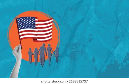 Trendy halftone pop art collage. Hand with american flag and silhouettes of people, parents and children in orange circle on blue background. Holiday concept. Celebrate Independence Day