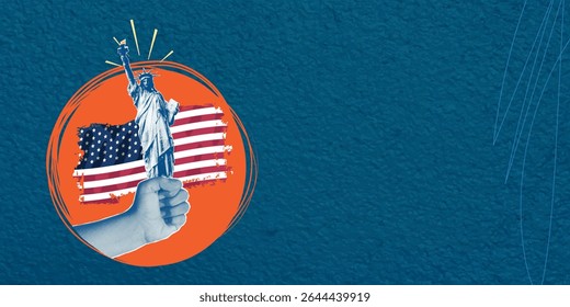 Trendy halftone pop art collage. Independence day of USA. Fourth of July. Patriotism power concept. Hand holding statue of liberty, queen on american flag background
