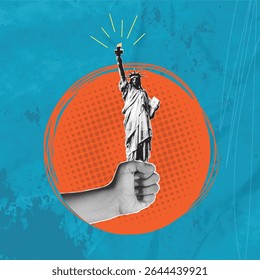 Trendy halftone pop art collage. Independence day of USA. Fourth of July. Patriotism power concept. Hand holding statue of liberty, queen on blue background