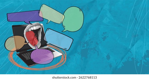 Colagem retrô de meio-tom moderno de estilo pop art. Boca gritando na tela do laptop com bolhas de fala. Design moderno. Espaço negativo para inserir texto