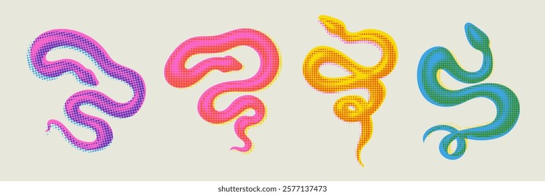 Trendy halftone snakes icon set in riso print style. New year of the Snake grunge punk grainy dotted y2k sign collection