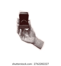Trendy Halftone sticker mimicking collage torn out old photo. Vector Isolated Y2K pop art element with Retro grain dotted texture transparent background. Cut out Hand holding open ring box, proposal